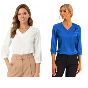 INSPIRE CHIC Women's V Neck 3/4 Sleeve Casual Office Work Satin Blouses 2 Packs - 1 of 4