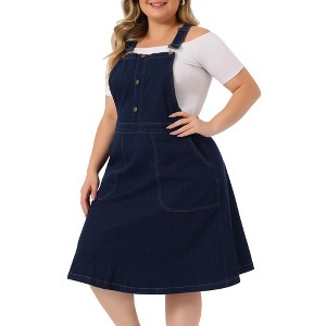 Agnes Orinda Women's Plus Size Overall Dress Button Adjustable Strap Denim Suspender Dresses - 1 of 4