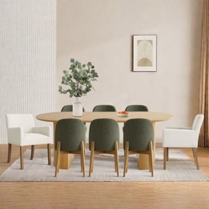 7-piece Dining Room Table Set, Oak Oval Table with 6 Linen Fabric Dining Chair and 2 Captain's Chair with Solid Wood Legs, Dining Room- Maison Boucle - 1 of 4