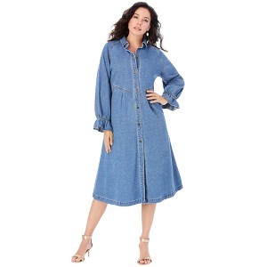 Roaman's Women's Plus Size Button Front Denim Dress - 1 of 4