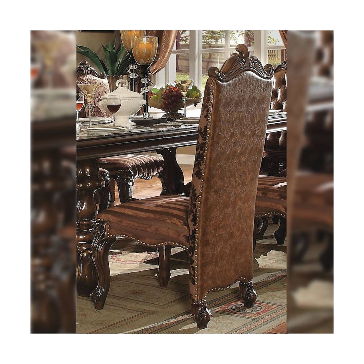 22" Versailles Dining Chair Two Tone Light Brown Synthetic Leather /Fabric and Cherry Oak Finish - Acme Furniture: Elegant Traditional Design