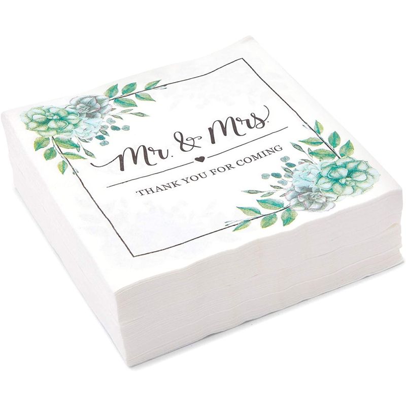 Sparkle and Bash 100 Pack Succulent Floral Mr. and Mrs. Paper Napkins for Wedding (6.5 In), 3 of 7