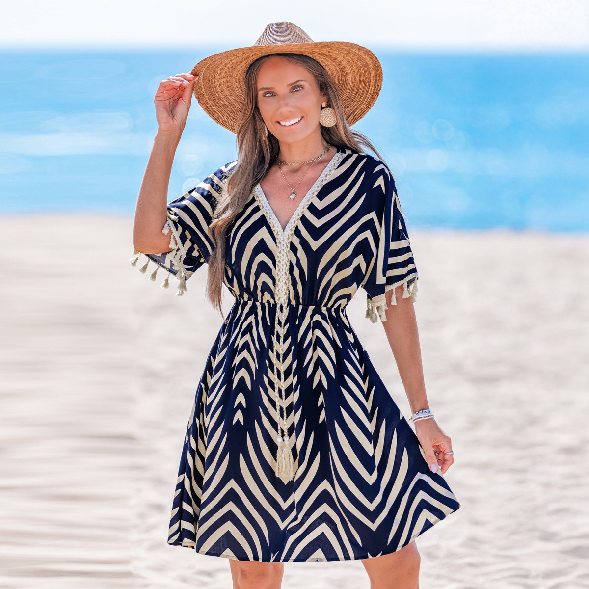 Женские платья Cupshe Women's Boho Chic Chevron Tassel Beach Dress-M-Blue — фото 2