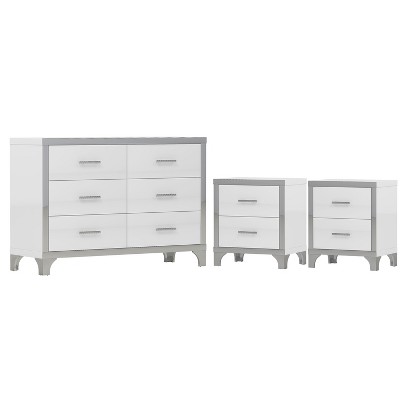 VYNXARIA Exquisite 3 Piece White Bedroom Collection: Dresser & Twin Nightstands, Boasting Metal Handles and Subtle Mirror Accents