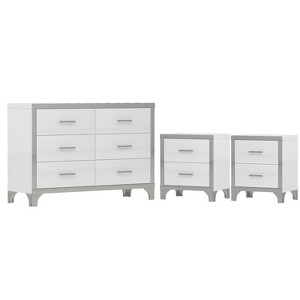 VYNXARIA Exquisite 3 Piece White Bedroom Collection: Dresser & Twin Nightstands, Boasting Metal Handles and Subtle Mirror Accents - 1 of 4