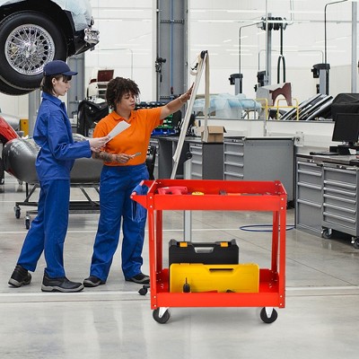 Red Metal 2-Tier Utility Cart with Wheels and Handle