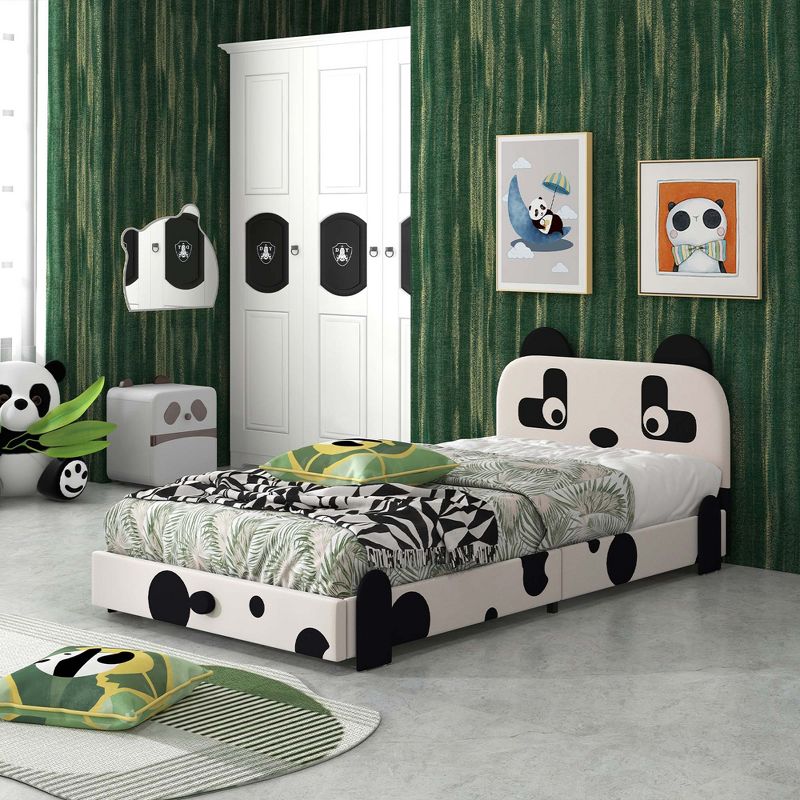 Costway Twin Size Kids Bed Toddler Upholstered Low Profile Bed Frame with Panda Headboard, 2 of 11