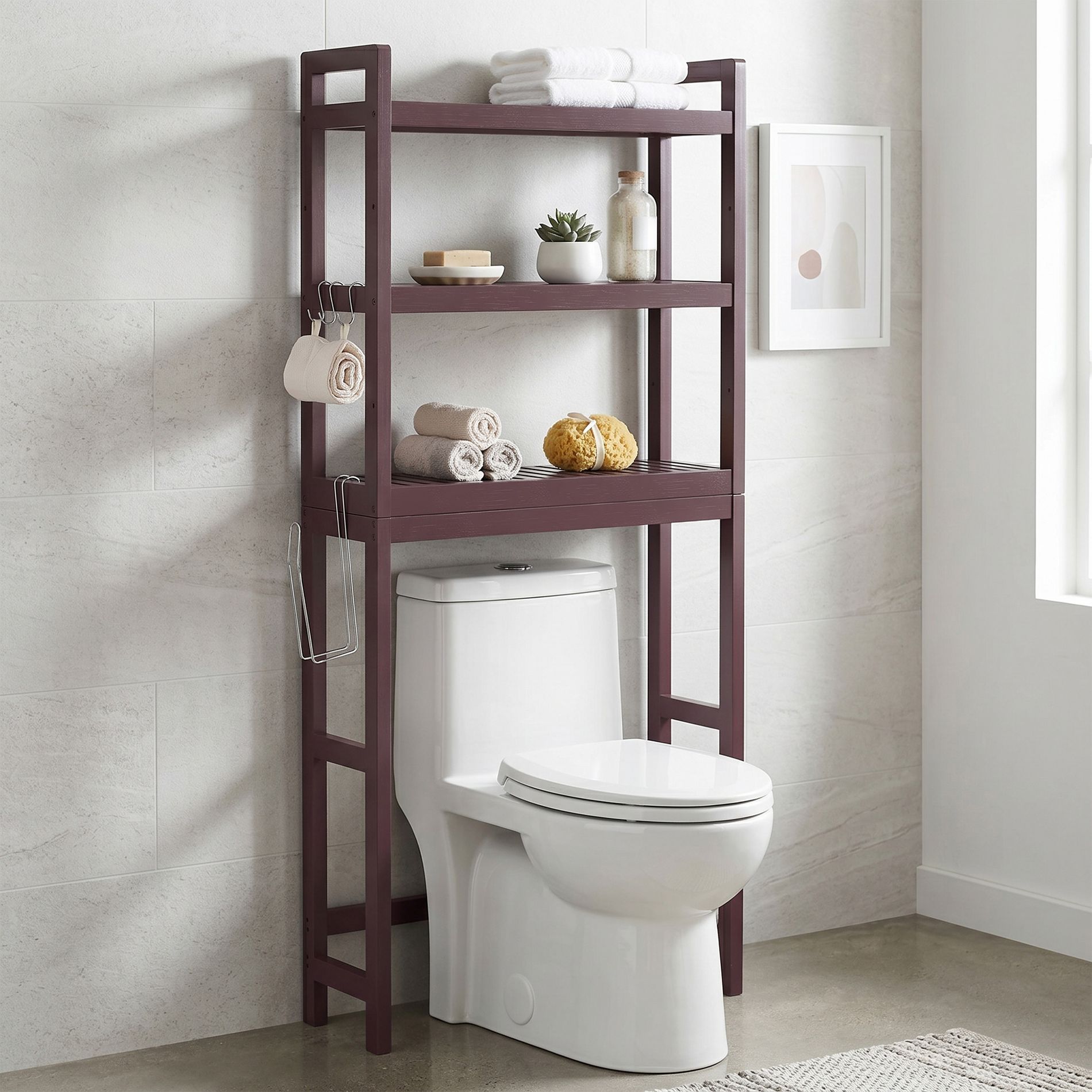 LEDREM Over The Toilet Storage Shelf, 3-Tier Bamboo Bathroom Organizer Adjustable Saver Space Rack with Toilet Paper Holder, Brown