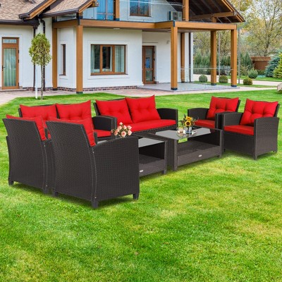 Costway 8 PCS Patio Rattan Furniture Set Glass Table Shelf Sofa Cushion Black/Red/Turquoise/Navy/Gray