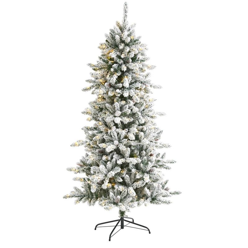 6ft Nearly Natural Pre-Lit LED Flocked Livingston Fir with Pinecones Artificial Christmas Tree Clear Lights, 1 of 9