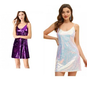 Allegra K Women's Glitter Sequin Spaghetti Strap V Neck Cocktail Sparkly Mini Dress 2 Packs - 1 of 4