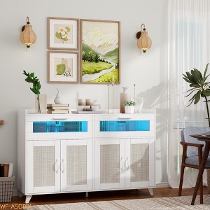 Modern Sideboard with Rattan Doors & Power Outlet - 2 Drawers, LED Lighting, Adjustable Shelves - For Dining Room & Living Room - 1 of 4
