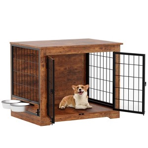 32 inch Heavy Duty Dog Crate Furniture Rustic Wooden Dog Cage Kennel Indoor Furniture with 2 Rotating Dog Bowls for Small,Medium Dogs - 1 of 4
