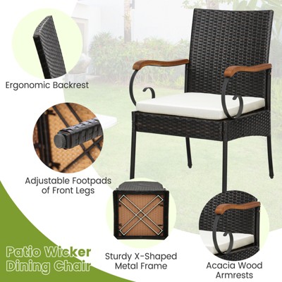 Set of 4 Off-White Cushioned PE Wicker and Acacia Wood Patio Chairs