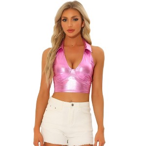 INSPIRE CHIC Women's Shimmering Shiny Party Holographic Crop Metallic Halter Top - 1 of 4