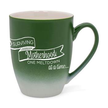 Elanze Designs Surviving Motherhood One Meltdown At A Time Two Toned Ombre Matte Green and White 12 ounce Ceramic Stoneware Coffee Cup Mug
