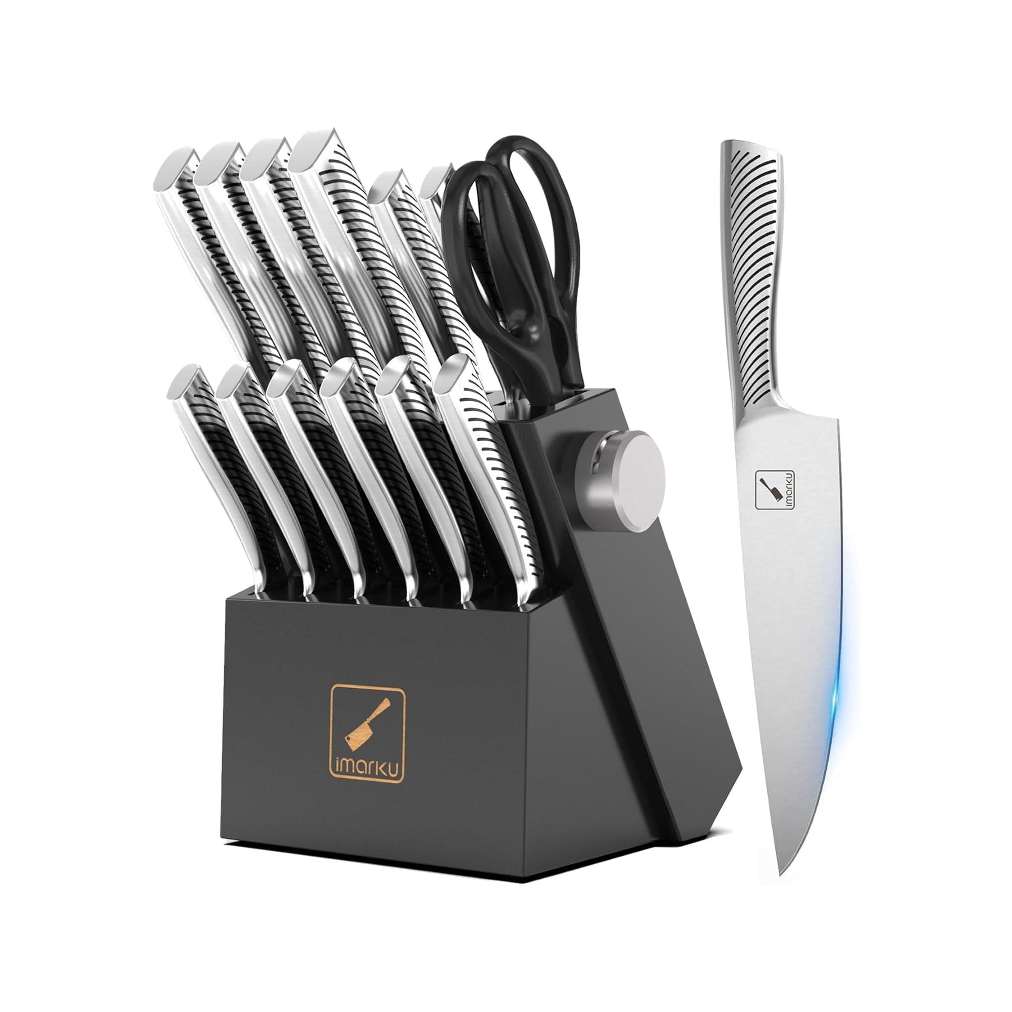 imarku Knife Set,14-Piece Knife Sets with block, Kitchen Knife Set with Sharpener, High Carbon Stainless Steel Knives Set, Black, Kitchen Essentials