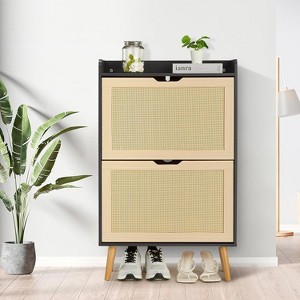 Woven Rattan 2-Tier Shoe Cabinet, Narrow 9.25-Inch Depth with Flip-Drawers & Anti-Tip Design, Holds 12-18 Pairs - 1 of 4