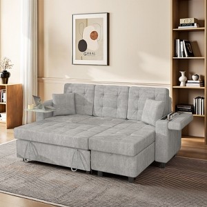 84 Inch Sleeper Sofa Couch, L-Shaped Sofa, Convertible Pull Out Sofa Bed with Storage, Side Table,Cup Holder, Modern Sectional Sofa，Gray - 1 of 4