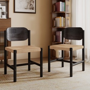 Wooden Dining Chairs with Beige Paper Rope Weave Seat, Indoor Armless Kitchen Chairs, Set of 2 - 1 of 4