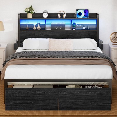 Furnulem Bed Frame with Wood Headboard and Storage Shelf, Metal Platform Bed Frame, LED Lights and Charging Station, No Box Spring Needed, Noise Free