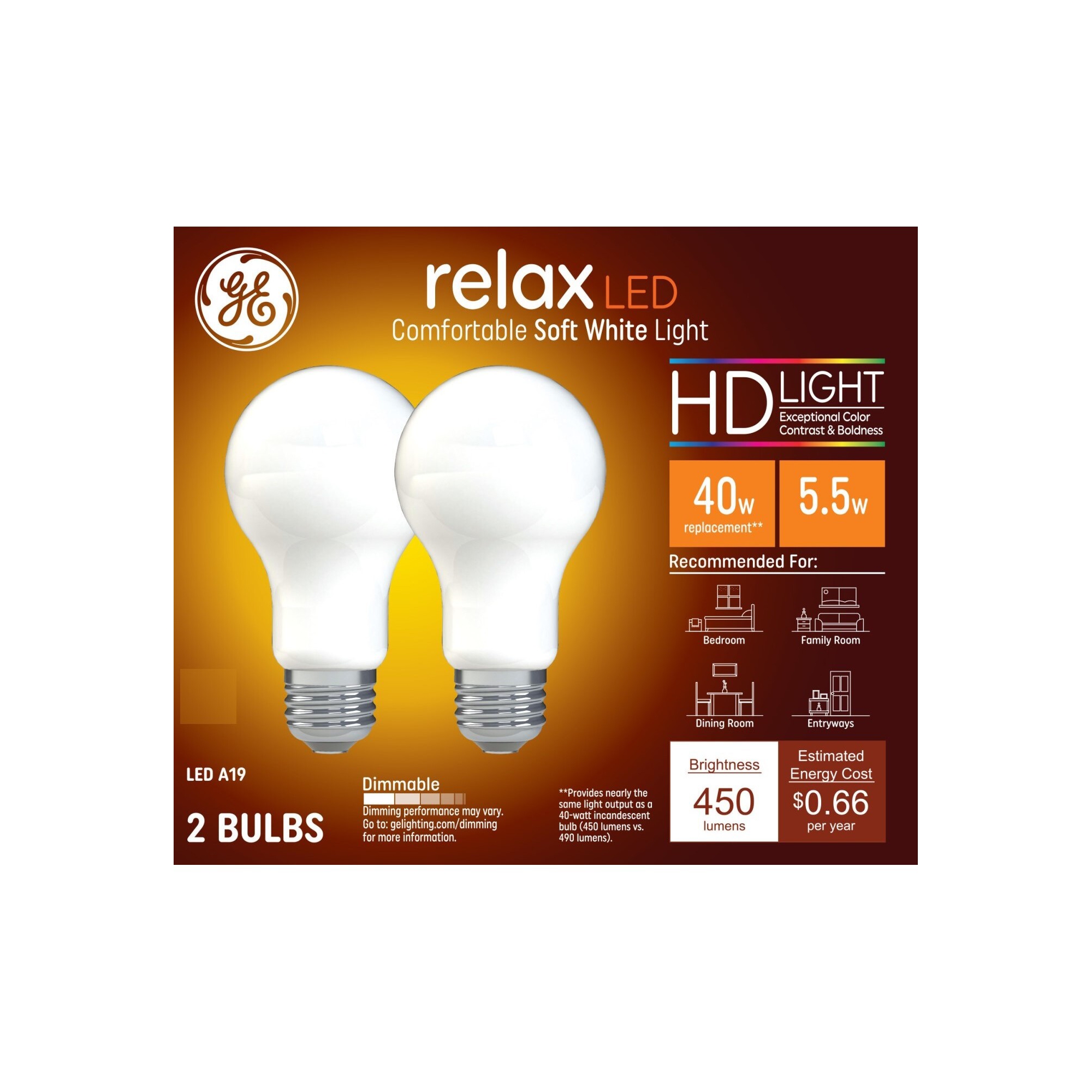 GE 2pk 40W Relax A19 LED HD Light Bulbs Soft White
