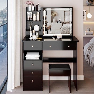 VYNXARIA 37" Middle Size Left Bedside Cabinet Vanity Table&Cushioned Stool, Large Sliding,High Capacity Storage, Suitable for Middle Space,Black