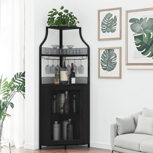 Corner Wine Cabinet  & Detachable Rack, 5-Tier Industrial Bar with Barn Door, Glass Holder, Farmhouse Buffet Cabinet for Home Bar-Black - 1 of 4