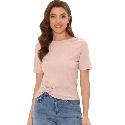 Allegra K Women's Summer Casual Boat Neck Short Sleeve Twist Knot Crop T-Shirt