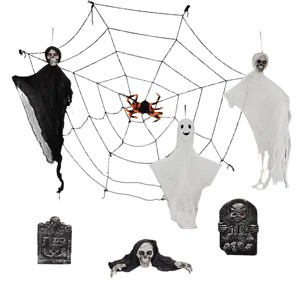 8-Piece Halloween Decoration Set with Swinging Ghosts, Crawling Skeleton, Gravestones, Giant Spider Web & LED Eyes ¨C Indoor/Outdoor Spooky Yard - 1 of 4
