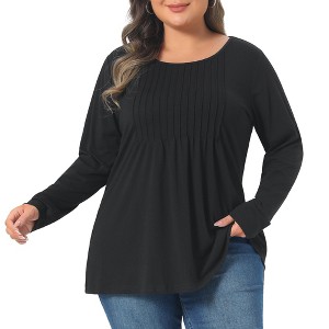 Women's Plus Size Pleated Crew Neck Long Sleeve Soft Casual Tunic T-Shirt - Agnes Orinda - 1 of 4