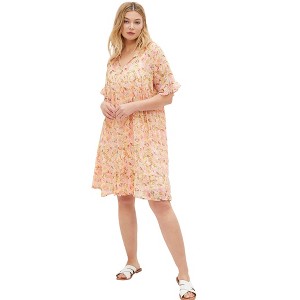 ellos Plus Size Sheer Ruffle Trim Dress With Keyhole Neckline - 1 of 4