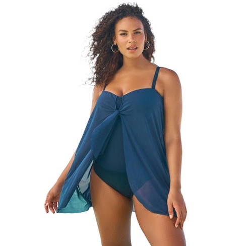 Swim 365 Women's Plus Size Tank Overlay Swim Romper - 32, Blue Painterly  Leaves : Target