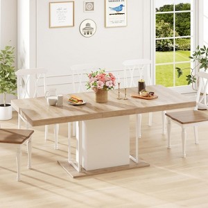 Zevemomo 63"-78.7" Expandable Farmhouse Table, 6-10 Seater Wooden Dining Table with Metal Track & Central Base, Oak Finish for Living Room & Home - 1 of 4