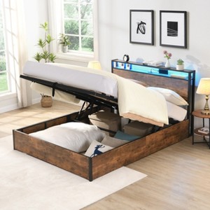 DOMETOUR Queen Lift-Up Storage Bed Frame with Bookcase Headboard & LED, Wooden Platform with Charging Station, No Box Spring, Rustic Brown - 1 of 4