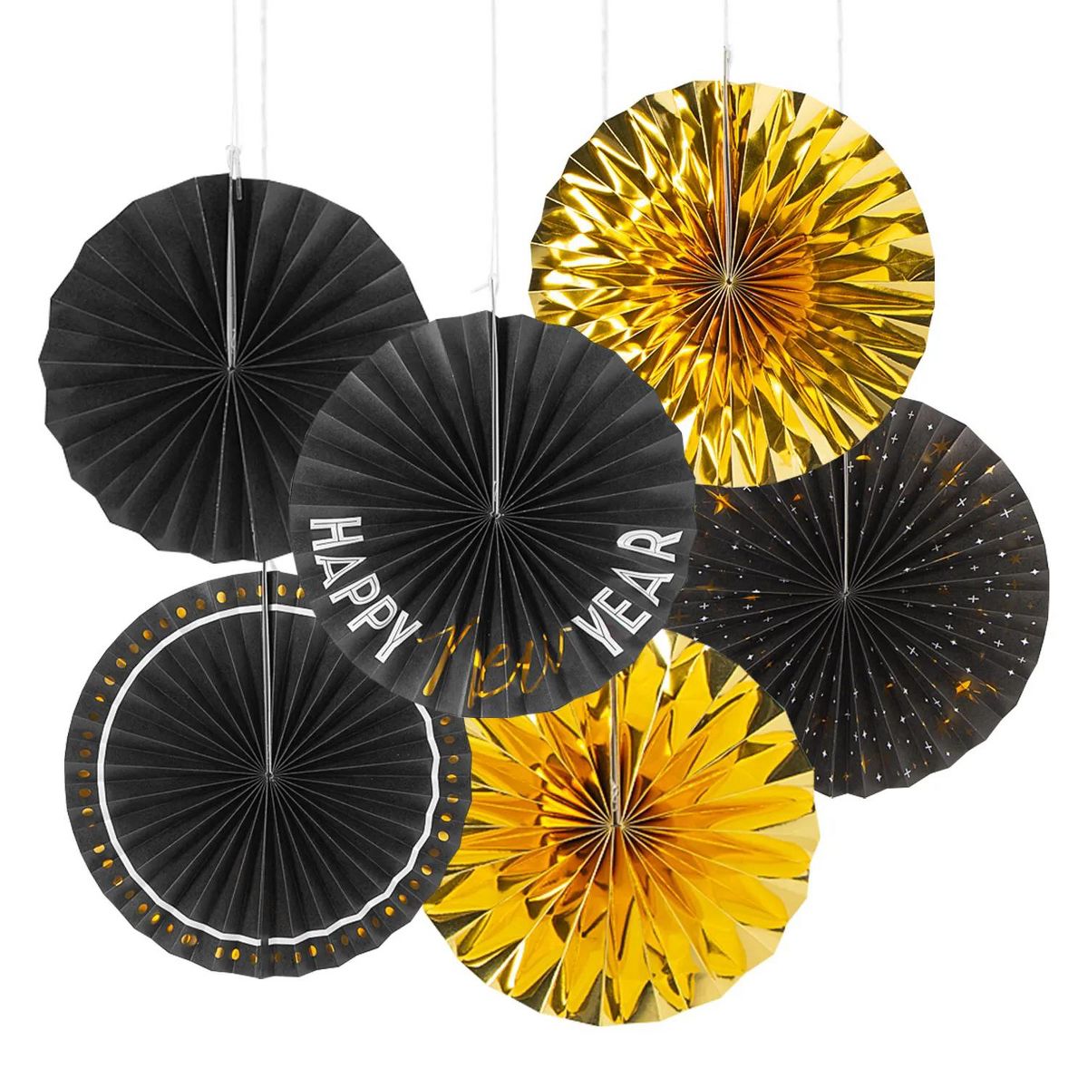 10" ? 14" Black & Goldtone New Year?s Eve Hanging Paper Fans - 6 Pc.