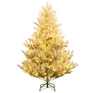 Costway 6/7/8 FT Artificial Christmas Tree with 762/1074/1470 Flocked Branch Tips, 340/450/580 Warm White LED Lights - 1 of 4