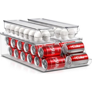 Soda Can Organizer for Refrigerator & Egg Holder Set, 2 Stackable Can Dispensers & 2 Egg Holders with Lid holds 14 eggs - 1 of 4