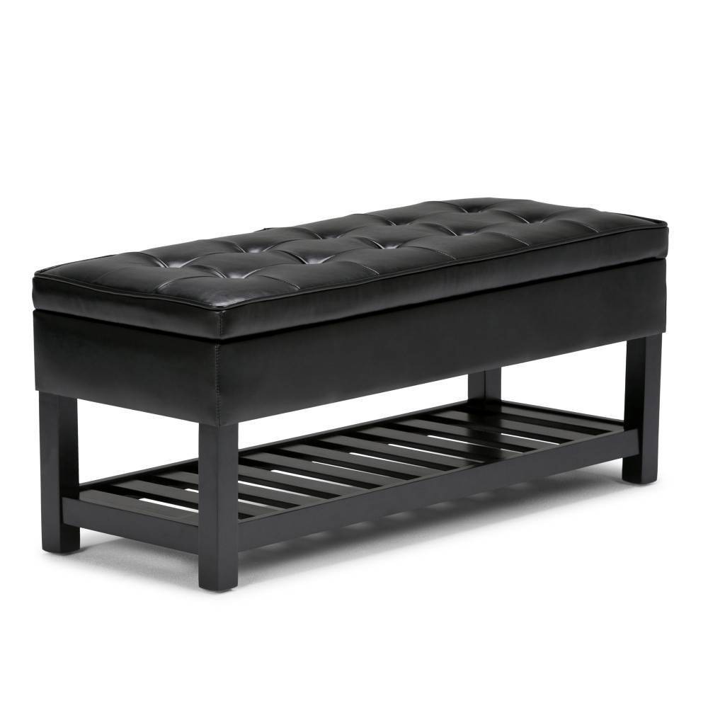 WyndenHall 44" Essex Transitional Storage Ottoman Bench Midnight Black/Faux Leather: Tufted, for Living Room & Bedroom
