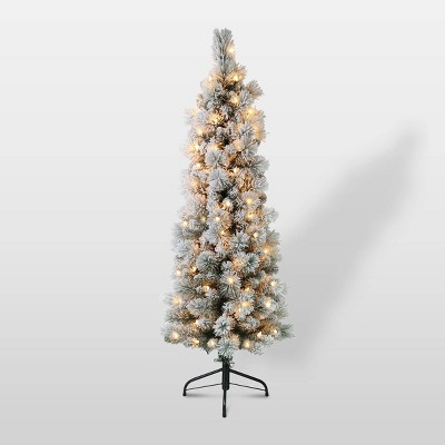 4.5ft Pre-Lit Flocked Portland Pencil Artificial Christmas Pine Tree - Puleo