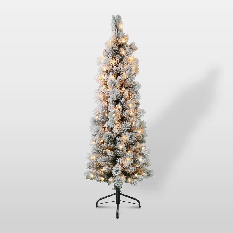 4.5ft Pre-Lit Flocked Portland Pencil Artificial Christmas Pine Tree - Puleo, 1 of 4
