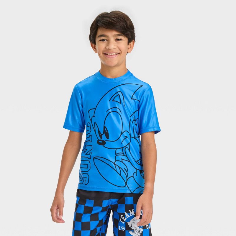 Boys&#39; Sonic the Hedgehog Short Sleeve Fictitious Character Rash Guard Swimsuit Top - Blue, 1 of 4