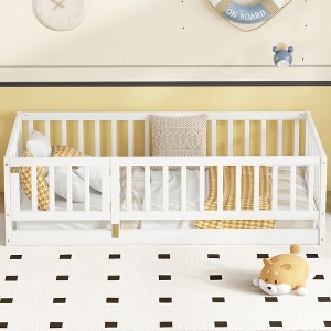 CAVINAS Kids Montessori Bed with Door,Modern Floor Bed with Fence,Twin/Full Size Toddler Bed for Bedroom Playroom,White/Brown - 1 of 4