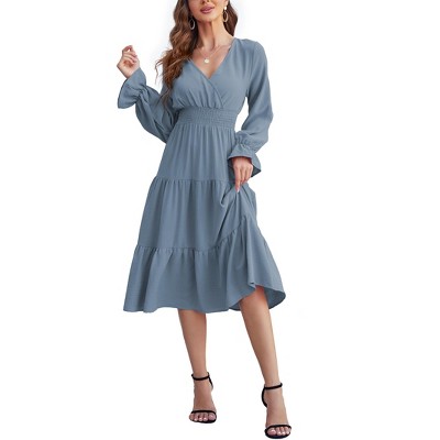 Women's Casual Wrap V Neck Midi Dress Long Sleeve Smocked Waist Tiered A Line Pleated Flowy Long Dress