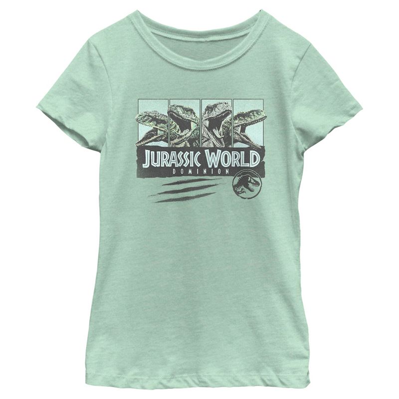 Girl's Jurassic Park: Dominion Velociraptor Vintage Panel Scratch T-Shirt, 1 of 5