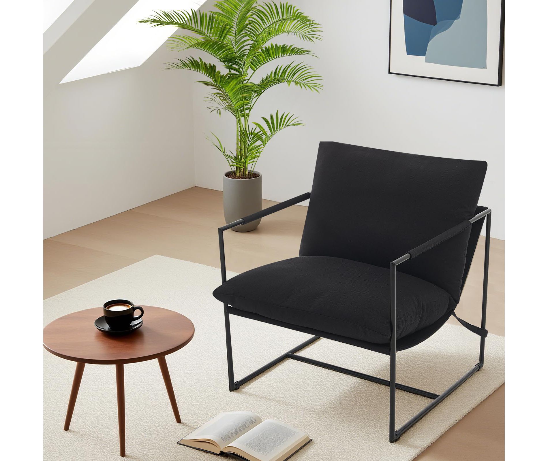 Sling Accent Chair with Metal Frame,Modern Comfy Living Room Chair,Upholstered Reading Chair with Shredded Foam Cushioning,Oversized Comfy Arm Chair