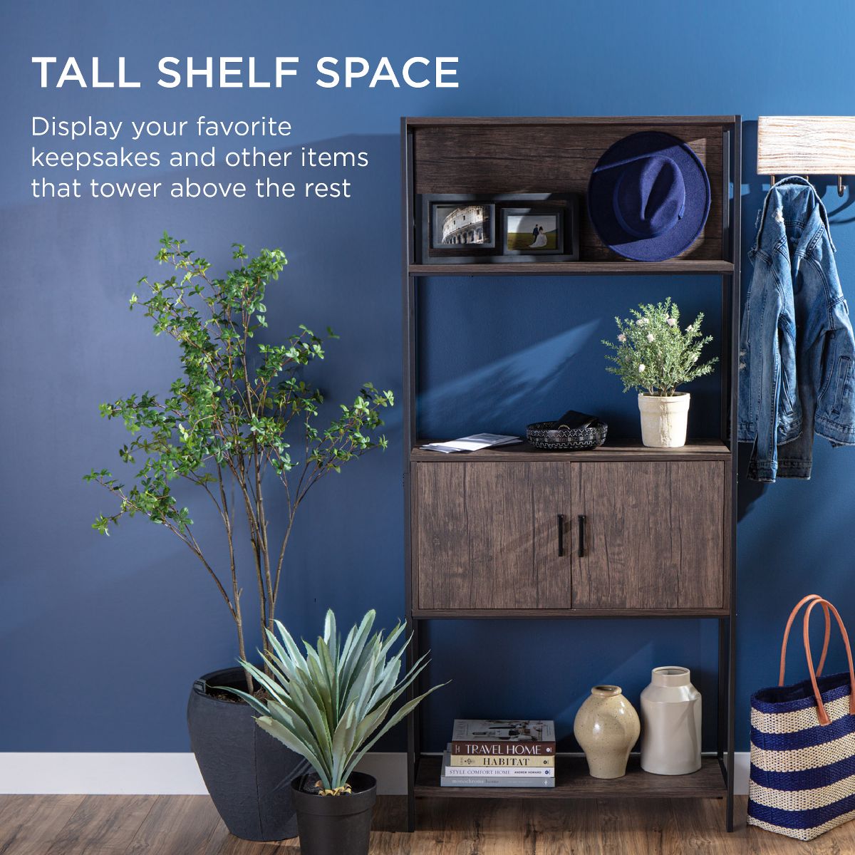 Best Choice Products Storage Bookshelf for Living Room, Walkway w/ Enclosed Cabinet, Elevated Design - Dark Walnut - thumbnail 6