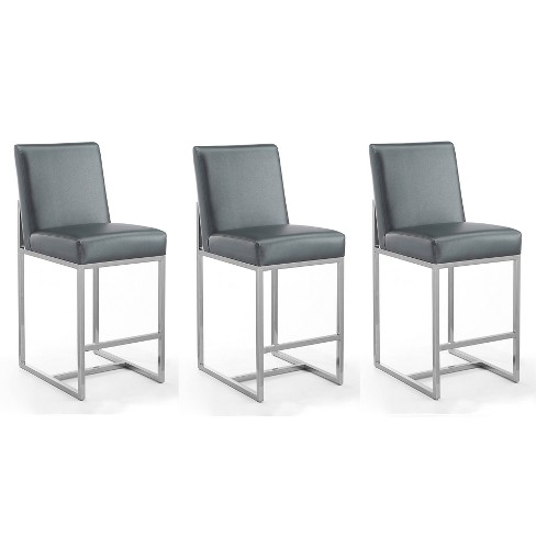 Set of 3 Element Upholstered Stainless Steel Counter Height Barstools Graphite Manhattan Comfort