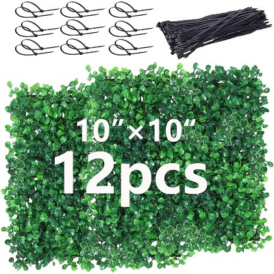 Artificial Boxwood Wall Panels, 10"x10" Faux Greenery Wall with 100 Zip Ties, UV-Protected Grass Wall Panels