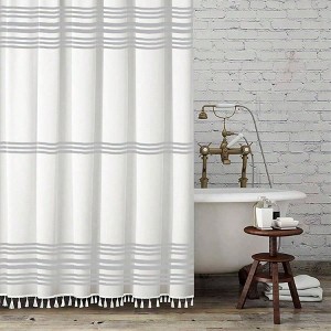 Modern Farmhouse White Shower Curtain with Tassels 72Lx72W Washable Fabric Bath Curtain Bathroom Decor - 1 of 4